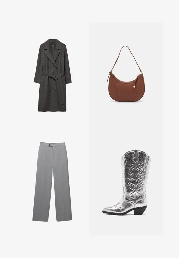 Cappotto di lana grigio scuro con ampi rever, chiusura doppiopetto, tasche anteriori e una cintura coordinata in vita. Texture liscia, design lungo fino al ginocchio.; Camicia a righe gialle con maniche lunghe, colletto a punta e chiusura frontale con bottoni. Presenta righe verticali blu e una vestibilità sartoriale.; Pantaloni grigi su misura con gamba ampia, frontale piatto e texture sottile. Presentano una chiusura a un bottone e linee pulite.; AllSaints DOLLY - Stivali texani / biker - metallic silver; Borsa a spalla in finta pelle marrone con forma curvata, cuciture minime e un accento in metallo dorato. Presenta una chiusura con zip superiore e una tracolla regolabile.