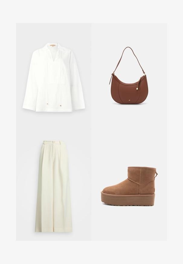 Mørkegrå uldfrakke med brede revers, dobbeltradet front, forlommer og et matchende bælte i taljen. Glat tekstur, knælang design.; Hvid linned skjorte med V-udskæring, lange ærmer og en løs pasform. Udstyret med snoretræk med små metal accenter. Glat tekstur.; Bredde benbukser i off-white stof, med høj talje, dobbelte plisseringer og knaplukning. Glat tekstur og skræddersyet design.; Tan ruskinds ankelstøvle med platformssål, rund tå og syninger; har en løkke bagpå for nem påtagning.; Brun faux læder skuldertaske med buet form, minimal syning og en guldtonet hardwaredetalje. Har en top lynlåslukning og justerbar rem.