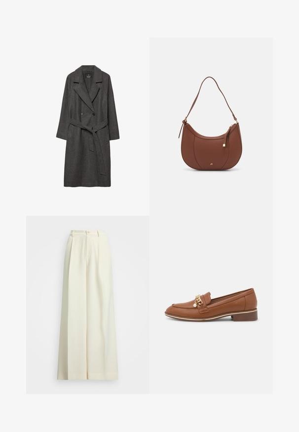 Cappotto di lana grigio scuro con ampi rever, chiusura doppiopetto, tasche anteriori e una cintura coordinata in vita. Texture liscia, design lungo fino al ginocchio.; T-shirt bianco semplice realizzato in cotone, con scollatura rotonda, maniche corte e vestibilità morbida. Texture liscia senza motivi o accenti.; Pantaloni a gamba larga in tessuto bianco sporco, caratterizzati da un alto punto vita, doppie pince e chiusura con bottone. Texture liscia e design sartoriale.; Mocassino in pelle marrone con dettagli in catena dorata e perla. Presenta una punta arrotondata e un tacco a blocco basso. Texture liscia e design elegante.; Borsa a spalla in finta pelle marrone con forma curvata, cuciture minime e un accento in metallo dorato. Presenta una chiusura con zip superiore e una tracolla regolabile.