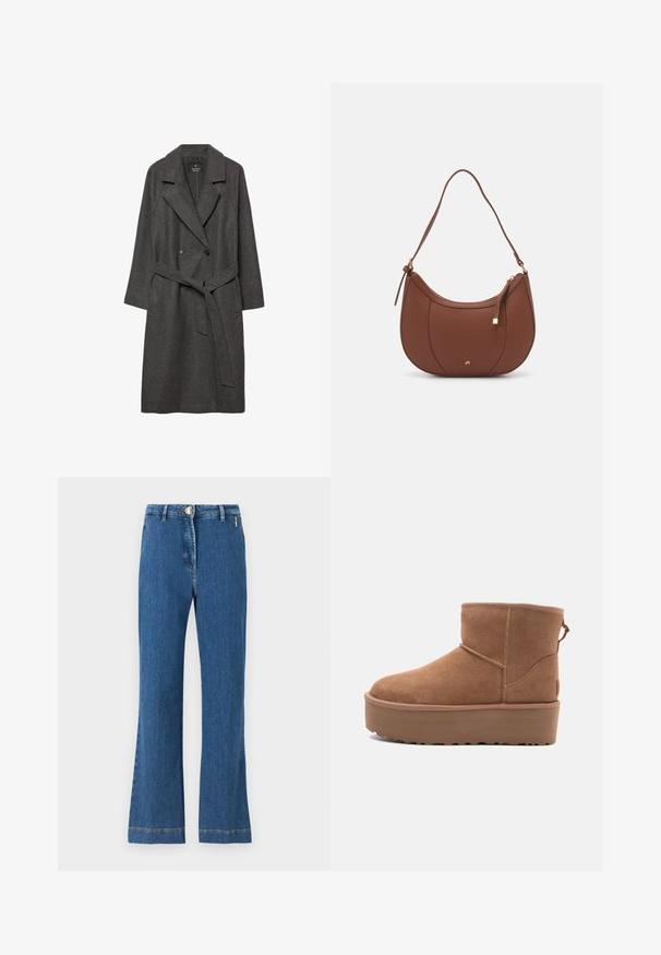 Tmavě šedý vlněný kabát s širokými klopami, dvouřadým zapínáním, předními kapsami a odpovídajícím opaskem v pase. Hladká textura, délka ke kolenům.; Bílá jednobarevná bavlněná trička s kulatým výstřihem, krátkým rukávem a uvolněným střihem. Hladká textura bez vzorů nebo akcentů.; Džíny s vysokým pasem ve tvaru zvonu vyrobené z denimu střední modré barvy, s knoflíkovým zapínáním, předními kapsami a viditelným švem podél lemu.; Hnědé semišové kotníkové boty s platformou, zaoblenou špičkou a prošíváním; mají poutko vzadu pro snadné obouvání.; Hnědá kabelka přes rameno z umělé kůže s zakřiveným tvarem, minimálním prošíváním a zlatým kovovým akcentem. Disponuje vrchním zipovým uzavíráním a nastavitelným popruhem.