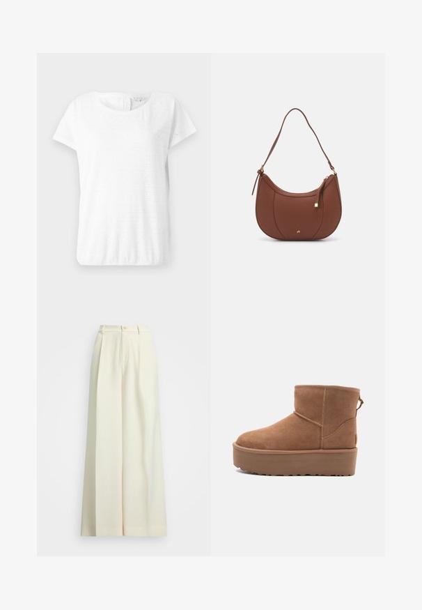 Mørkegrå uldfrakke med brede revers, dobbeltradet front, forlommer og et matchende bælte i taljen. Glat tekstur, knælang design.; Hvid bomulds T-shirt med korte ærmer, rund udskæring og øje-mønster med diamantformer. Blød tekstur og afslappet pasform.; Bredde benbukser i off-white stof, med høj talje, dobbelte plisseringer og knaplukning. Glat tekstur og skræddersyet design.; Tan ruskinds ankelstøvle med platformssål, rund tå og syninger; har en løkke bagpå for nem påtagning.; Brun faux læder skuldertaske med buet form, minimal syning og en guldtonet hardwaredetalje. Har en top lynlåslukning og justerbar rem.