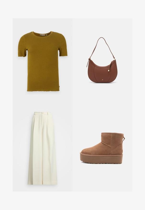 Mørkegrå uldfrakke med brede revers, dobbeltradet front, forlommer og et matchende bælte i taljen. Glat tekstur, knælang design.; Sennepsgul ribbet kortærmet t-shirt med rund hals og bølgekant. Blød struktur og tætsiddende design. Ingen synlig hardware eller mønstre.; Bredde benbukser i off-white stof, med høj talje, dobbelte plisseringer og knaplukning. Glat tekstur og skræddersyet design.; Tan ruskinds ankelstøvle med platformssål, rund tå og syninger; har en løkke bagpå for nem påtagning.; Brun faux læder skuldertaske med buet form, minimal syning og en guldtonet hardwaredetalje. Har en top lynlåslukning og justerbar rem.