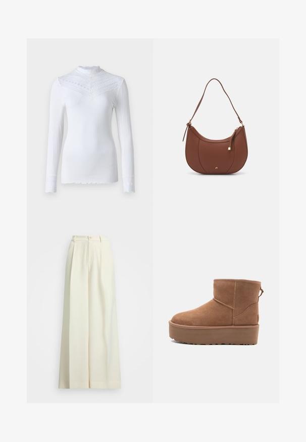 Temno sivi volneni plašč z širokimi reverji, dvojno sprednje zapiranje, sprednjimi žepi in usklajenim pasom v pasu. Gladka tekstura, dolžina do kolen.; Rosemunde BENITA REGULAR T NECK - Majica z dolgimi rokavi - new white; Hlače širokih nogavic iz ofsajd belega blaga, z visokim pasom, dvema plisama in gumbnim zapiranjem. Gladka tekstura in krojen design.; Bela antilopova gležnjača s platformom, okruglim vrhom i dekorativnim šavovima; ima uvučenu petlju straga za lakše oblačenje.; Rjava usnjena torbica z ramenskim ročajem, ukrivljene oblike, minimalnim šivom in zlato-tonirano kovinsko dekoracijo. Ima zgornje zapiranje na zadrgo in nastavljiv trak.