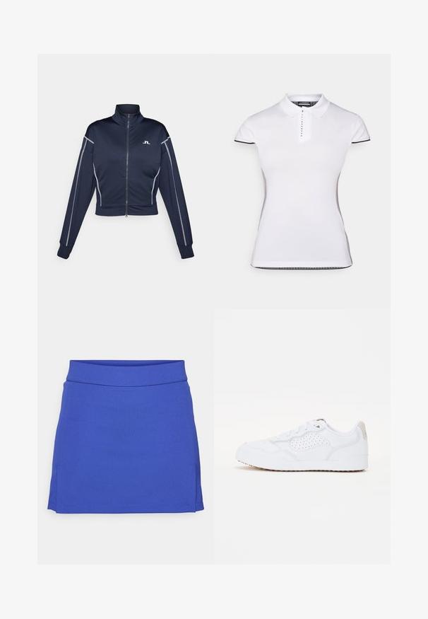 Ναυτικό κοντό ζακέτα με φερμουάρ σε λείο ύφασμα, με ψηλό γιακά, ασημί λεπτομέρειες κατά μήκος των μανικιών και μικρό λογότυπο στο στήθος.; Λευκό πόλο μπλουζάκι με κοντά μανίκια, κολάρο και με κλείσιμο με κουμπιά μπροστά. Μαύρες λεπτομέρειες στα μανίκια και στις ραφές στο πλάι. Μαλακή, λεία υφή.; Βασιλικό μπλε μίνι φούστα με επίπεδη μέση, λείο υλικό και πλαϊνές σχισμές. Φτιαγμένη από ελαστικό ύφασμα, διαθέτει καθαρές ραφές.; Λευκό αθλητικό παπούτσι με λείο υφασμάτινο άνω μέρος, σχεδιασμένες τρύπες για διακόσμηση, ελαστική σόλα και μπεζ λεπτομέρεια στη φτέρνα.