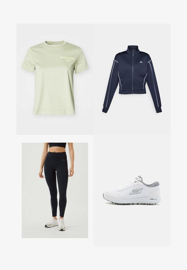 Chaqueta corta de marinero con cremallera en tejido suave, que presenta un cuello alto, detalles plateados en las mangas y un pequeño logotipo en el pecho.; Camiseta de algodón verde claro con cuello redondo y mangas cortas. Presenta texto impreso en blanco en la parte frontal que dice "BJÖRN BORG STOCKHOLM 1956."; Björn Borg RUNNING - Leggings - black; Zapatillas deportivas blancas con un upper de malla texturizada, acentos plateados y una suela ligera con pequeños tacos de tracción, etiquetadas como "ULTRA FLIGHT."