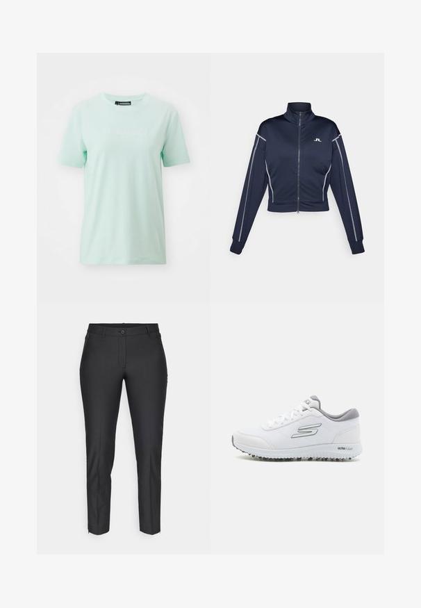 Marineblå kort zip-jakke i glat stof med høj krave, sølvdetaljer langs ærmerne og et lille logo på brystet.; Lys mintgrønn bomull t-skjorte med rund hals og korte ermer. Har en subtil hvit logotekst "J.LINDEBERG" over brystet.; Svarte skreddersydde bukser med en glatt tekstur, med knappelukking, glidelåsåpning og to sidelommer. Slim fit med tapered ben.; Hvite joggesko med et teksturert mesh-overdel, sølvfargede detaljer og en lett såle med små grep-studser, merket "ULTRA FLIGHT."