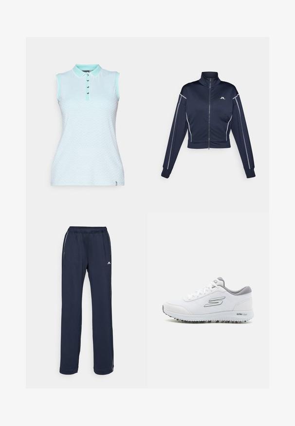 Sötétkék rövidített zipzáras dzseki sima anyagból, magas nyakkal, ezüst kiegészítőkkel az ujjakon és egy kis logóval a mellkasán.; Ujjatlan pólóing világoskék texturált anyagból, álló gallérral, öt gombos gombolással és kontrasztos menta zöld kiegészítőkkel.; Sötétkék sportnadrág, rugalmas derékrésszel, két oldalsó zsebbel és diszkrét fehér logóval. Simább, rugalmas anyagból készült.; Fehér sportcipők texturált hálós felsőrésszel, ezüst részletekkel és könnyű talppal, amelyen kis tapadószögek találhatók, "ULTRA FLIGHT" felirattal.