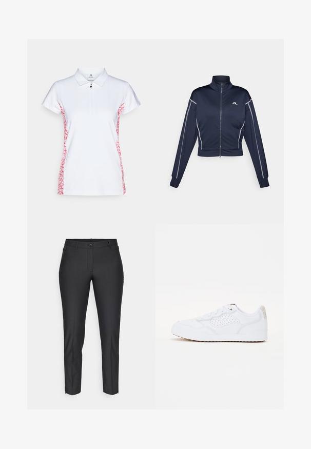 Námornícky skrátený zipsový kabát z hladkej látky s vysokým golierom, striebornými akcentmi na rukávoch a malým logom na hrudi.; Biela pólová košieľka s krátkymi rukávmi, s krkom na zips a ružovým abstraktným vzorom po stranách. Vyrobená z texturovanej látky.; Čierne oblekové nohavice s hladkou textúrou, ktoré majú zapínanie na gombík, zips a dve bočné vrecká. Slim fit s zužujúcimi sa nohavicami.; Biele športové topánky s hladkým textúrovaným zvrškom, perforovanými dizajnovými akcentami, gumovou podrážkou a béžovým detailom na podpätku.