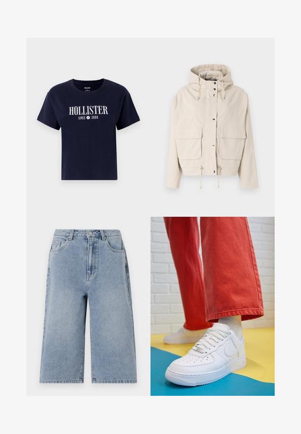 Bežinė vėjalenkė su kapišonu, su snapelių užsegimu, dviem priekinėmis kišenėmis, raišteliu apačioje ir glotnia, matinio paviršiaus tekstūra.; Tamsiai mėlynos spalvos medvilninis marškinėliai su apvalia iškirpte ir trumpomis rankovėmis. Balta spalva atspausdintas "HOLLISTER" logotipas, po juo "SINCE 2000". Paprastas dizainas.; Šviesiai mėlynos džinsinės šortai su laisvu siluetu, vidutinio aukščio juosmeniu ir matomu siuvimu. Yra šoninės ir galinės kišenės, taip pat mygtukų uždarymas.; Baltos odinės kedų sportbačiai su perforuotu pirštu, tekstūruota pado dalimi ir baltais raišteliais, derinami su plačiomis raudonomis kelnėmis ir mėlynos bei geltonos spalvų fono kompozicija.