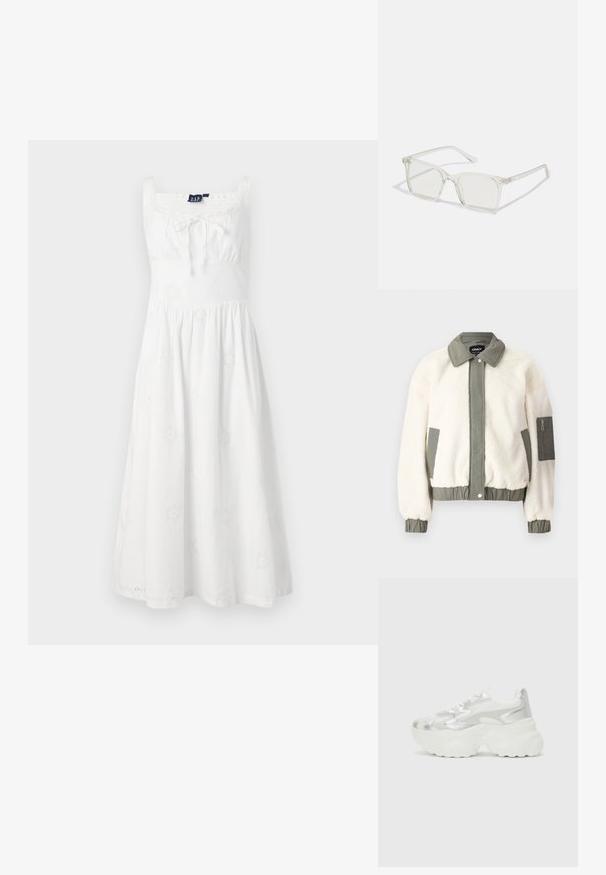 Crème-kleurige nepbontjas met een groene stoffen tailleband, kraag en manchetten. Heeft een ritszak op de linkerarm.; Witte jurk met een vierkante halslijn, gathered taille en een uitlopende rok. Heeft bloemen borduursels over de stof en dunne bandjes.; Zilveren sneaker met een gestructureerde mesh bovenkant en iriserende accenten, voorzien van een chunky witte zool en vetersluiting.; Heldere plastic vierkante monturen met doorzichtige glazen, gekenmerkt door gouden accenten op de slapen voor extra detail.