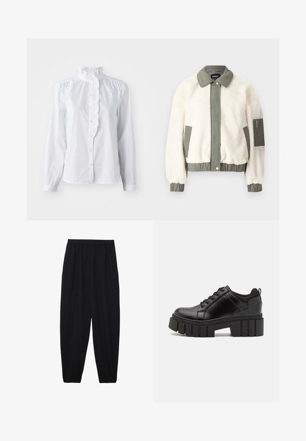 Krem kaput od umjetnog krzna s zelenim тканичnim pojasom, ovratnikom i manžetama. Ima zatvoreni džep na lijevoj ruci.; Bijela košulja s dugim rukavima, s volanima na visokom ovratniku i vertikalnim volanom duž prednje strane. Lagani pamučni materijal.; Crne, lagane hlače s elastičnom stražnjom pasicom i naboranim gležnjevima. Tkanina je glatka i ima opušteni, suženi dizajn.; Crne kožne platforme s debelim blok-peta, okruglim prstima i klasičnim dizajnom vezanja. Imaju gladak tekstur i minimalne detalje.