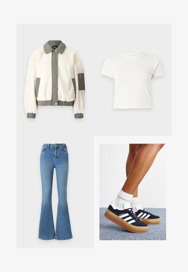 Cream-colored faux fur jacket with a green fabric waistband, collar, and cuffs. Features a zippered pocket on the left arm.; Short white t-shirt made of cotton with short sleeves, a round neckline, and a straight hem, featuring a smooth texture and minimal design.; Flared jeans made of blue denim, featuring a high waist, zipper and button closure, and a faded design with subtle whiskering details.; Black suede sneakers with white stripes and accents, rounded toe, gum rubber outsole, paired with white ribbed crew socks.