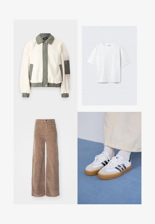 Cremefarbene Kunstfelljacke mit einem grünen Stoffbund, Kragen und Manschetten. Verfügt über eine Reißverschlusstasche am linken Arm.; Weißes T-Shirt mit kurzen Ärmeln aus weichem Baumwollstoff, mit einem runden Ausschnitt und lässigem Schnitt mit geradem Saum, schlicht ohne Muster oder Grafiken.; ONLY HOPE GLOBAL HW EBBA POCKETS - Stoffhose - fossil; Weiße Sneaker mit schwarzen Streifen und beigen Wildlederakzenten. Besitzen eine strukturierte Gummisohle und flache weiße Schnürsenkel, getragen mit hellen Socken.