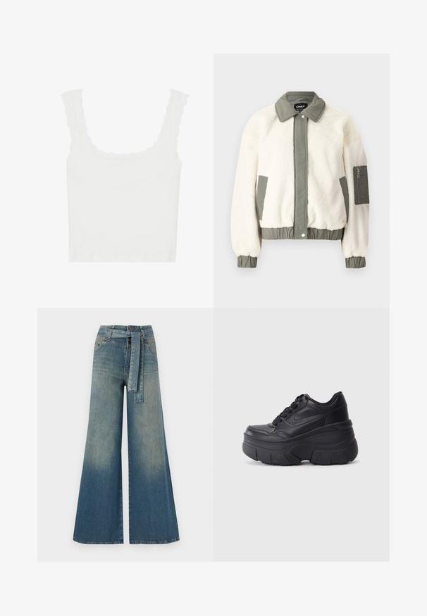Krémový kabát z umělé kožešiny s zeleným textilním pasem, límcem a manžetami. Obsahuje zipovou kapsu na levém rukávu.; Bílý žebrovaný top bez rukávů s vlnitými okraji na ramínkách a výstřihu, s přiléhavým střihem a měkkou texturou.; Džínové kalhoty širokého střihu s přechodem od světlé k tmavě modré, vysokým pasem, poutky na opasek a odpovídajícím opaskem ze stejného materiálu. Texturovaná džínovina.; Černé šněrovací tenisky s robustní podrážkou, s hladkým koženým svrškem, zaoblenou špičkou a výrazným vrstveným designem platformy.