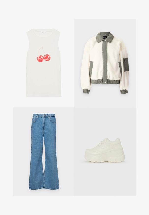 Cremefarvet kunstpelsjakke med et grønt stofbælte, krave og manchetter. Har en lynlåslomme på venstre arm.; Hvid ærmeløs top lavet af bomuld med en ribbet tekstur, prydet med et rødt kirsebær-graphic og teksten "Love Sweet."; Lysblå flagrende jeans lavet af denim, med høj talje, fem lommer og en enkelt knaplukning. Blød tekstur med en falmet finish.; Hvide platform sneakers med en glat læderlignende overdel, rund form, polstret krave og struktureret gummisål med definerede riller.