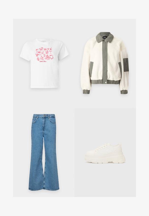 Kreemivärvi valekarusnahast jakk, roheline kangast vöökoht, krae ja mansetid. Omab lukuga taskut vasakul käsivarrel.; Valge puuvillane T-särk, millel on roosa graafiline prinditud kujutis erinevatest toitudest ja söögiriistadest ning tekst "Nädala Lõpu Plaanid" stiilses fondis.; Heledad sinine flared teksade rõivad, millel on kõrge talje, viis taskut ja üks nupulukk. Pehme tekstuur ja pleekinud viimistlus.; Valge kangast tennis, millel on paks tald, ümar varvas ja viis augukeed lakkide jaoks. Tagumine silt lihtsaks jalga panemiseks. Sile tekstuur, minimalistik disain.