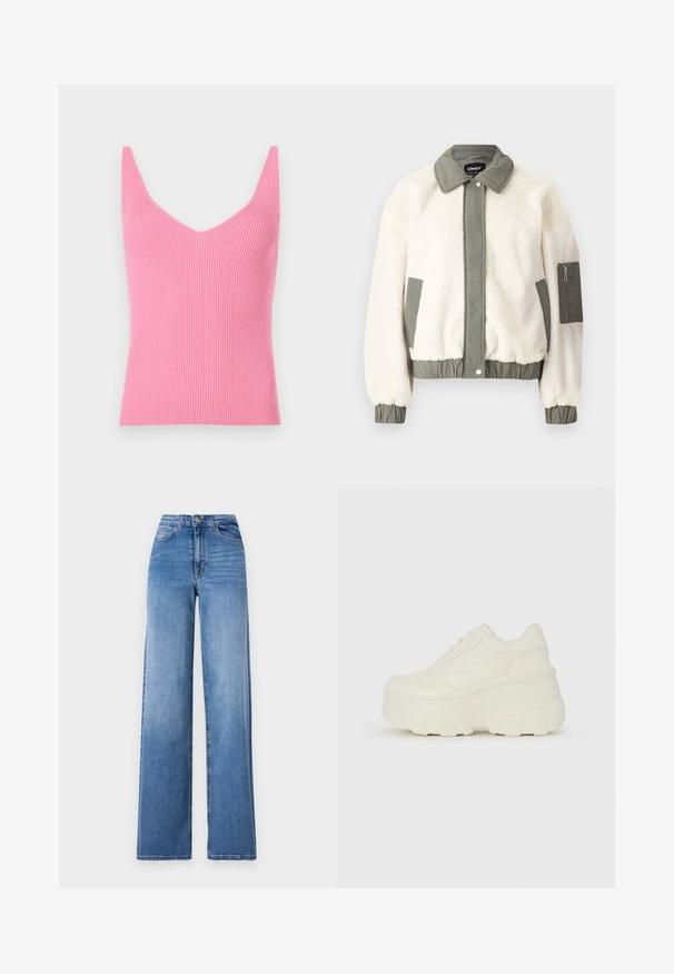 Jachetă din blană artificială de culoare crem, cu o talie, un guler și mansete din material verde. Prezintă o buzunar cu fermoar pe brațul stâng.; Top cu mîneci fără umeri, roz, cu textură ribbală și decolteu adânc în V, mîneci late. Potrivit pentru purtat în straturi sau ca piesă de sine stătătoare.; Jeans largi bleu deschis din denim, cu talie înaltă, buzunare frontale și închidere standard cu nasture. Textură netedă.; Adidași platformă albi, cu un superior neted asemănător cu pielea, formă rotunjită, guler căptușit și talpă din cauciuc texturată cu borduri bine definite.