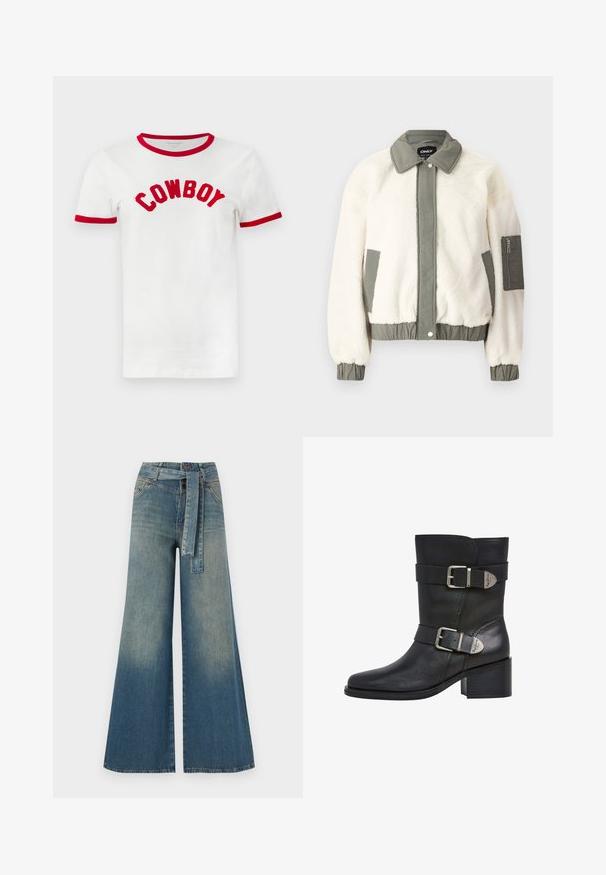 Kremowa kurtka z sztucznego futra z zielonym materiałowym pasem w talii, kołnierzem i mankietami. Posiada zasuwaną kieszeń na lewym rękawie.; Biała bawełniana koszulka z czerwoną obwódką przy szyi i rękawach. Na piersi haftowane, pogrubione litery "COWBOY" w kolorze czerwonym.; Szerokie spodnie dżinsowe z gradientem od jasnoniebieskiego do ciemnoniebieskiego, wysokim stanem, szlufkami na pasek oraz pasującym paskiem z tkaniny. Teksturowany wykończenie dżinsu.; Czarne skórzane botki do kostki z dwoma regulowanymi paskami i srebrnymi klamrami. Posiadają kwadratowy czubek oraz blokowy obcas dla stabilności.