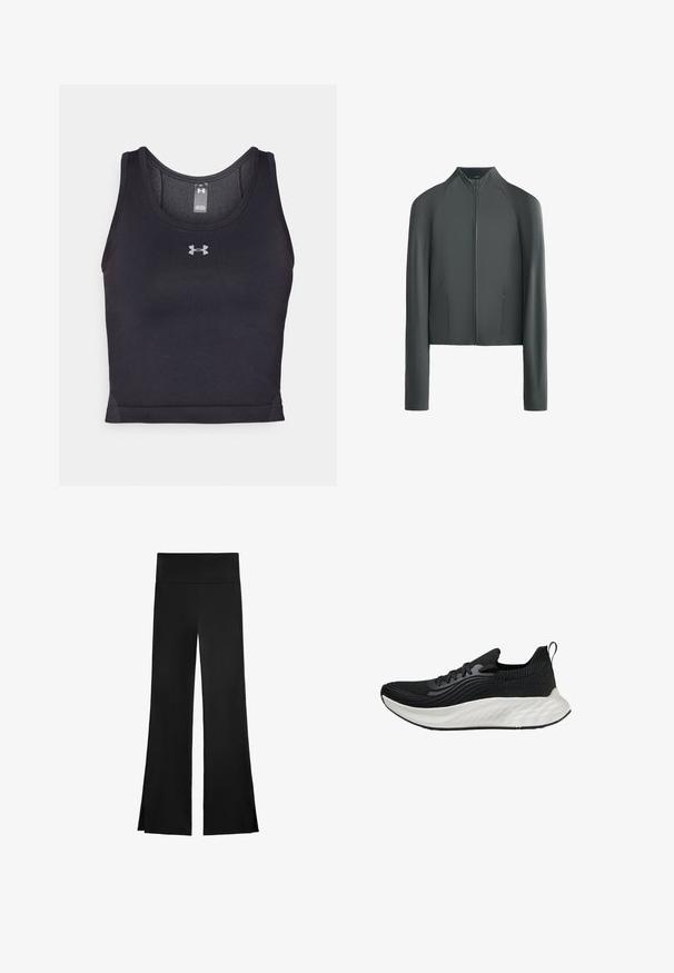 Harmaa pitkähihaista takkia ribbikankaasta, jossa on edessä vetoketju, sivutaskut ja kiinteä malli. Sujuva pinta hienovaraisilla yksityiskohdilla.; Musta urheilullinen toppi, joka on valmistettu venyvästä kankaasta, jolla on sileä rakenne. Tässä on pyöreä kaula-aukko ja pieni hopeinen logo etupuolella.; Mustat housut leveällä lahkeella, joissa on korkea vyötärö ja sivuaukot liikkumisen helpottamiseksi. Valmistettu sileästä ja joustavasta kankaasta.; Musta urheilukenkä, jossa on teksturoitu yläosa, valkoinen pehmeä pohja ja hienovarainen brändäys. Varustettu vetonauhalla ja nauhakiinnityksellä.