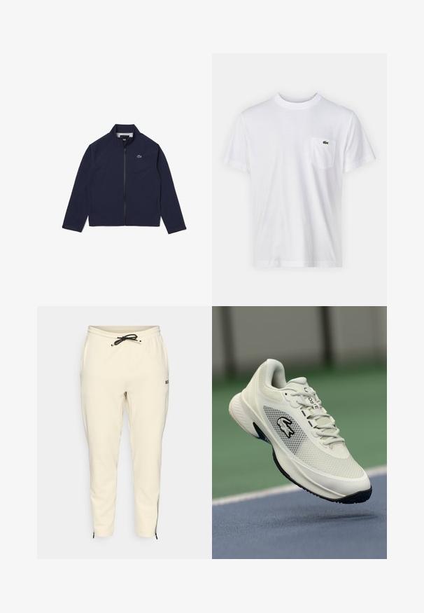Chaqueta de cremallera azul marino, fabricada con un material ligero, que cuenta con un cuello alzado, bolsillos laterales y un pequeño logo verde en el pecho.; Camiseta de algodón blanca con escote redondo y mangas cortas. Cuenta con un bolsillo en el pecho izquierdo y un pequeño logo verde de Lacoste.; Joggers de color beige claro con cintura elástica y cordón, que cuentan con bolsillos laterales y puños con cremallera para un ajuste ceñido.; Zapatilla deportiva blanca con parte superior de malla, acentos negros, suela texturizada y un logotipo prominente en el lateral, exhibida con un fondo de cancha.