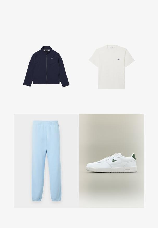 Marineblaues Zip-Up-Jackett aus leichtem Material, mit Stehkragen, Seitentaschen und einem kleinen grünen Logo auf der Brust.; Weißes Baumwoll-T-Shirt mit kurzen Ärmeln und Rundhals-Ausschnitt. Mit einem kleinen, gestickten Lacoste-Logo auf der linken Brust.; Helles blaues Sweatpants mit elastischem Bund, gerippten Säumen und einer weichen Textur. Minimalistisches Design, keine Muster oder Verzierungen.; Weiße Leder-Sneaker mit glatter Oberfläche, grünen Akzenten an der Ferse und einem grünen Logo an der Seite. Verfügt über eine flache Sohle und eine runde Zehenform.