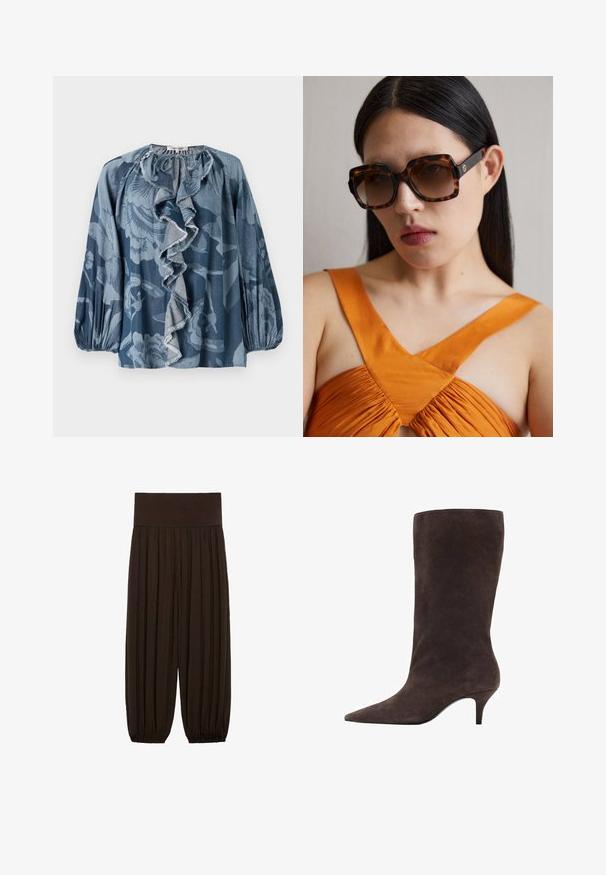 Svart läderjacka med hög krage, tryckknappsstängning framtill och två fickor med lock i midjan, liggande platt på vit bakgrund.; Beige tröja av mjukt material, med rund halsringning och långa ärmar. Enkel design utan mönster eller dekorationer.; Blå blommig blus som har volangdetalj vid halsen, långa ärmar och texturerad tyg. Designen inkluderar olika nyanser av blått och subtila mönster.; Bruna plisserade byxor med ett brett, elastiskt midjeband. Tyget är lätt och strukturerat, med samlade fållar vid bensluten.; Brun mocka knähög stövel med spetsig tå och medelhög klack, med en slät textur och elegant design.; Bruna sköldpaddsmönstrade solglasögon i storlek oversized med en bred rektangulär båge och gradientlinser. Guldlogo på sidan.