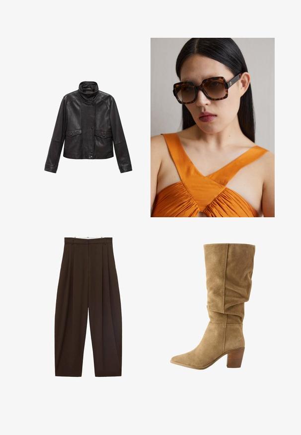 Veste en cuir noir avec col haut, fermeture à boutons-pression à l'avant, et deux poches à rabat à la taille, posée à plat sur un fond blanc.; Pull beige en matériau doux, avec un col rond et des manches longues. Design simple sans motifs ni embellissements.; Pantalons taille haute marron avec des plis, fabriqués en tissu lisse. Coupe ample, design droit, avec passants de ceinture et fermeture éclair.; Botte haute en suède marron avec un design drapé, un bout pointu et un talon en bois empilé. Texture douce avec des accents de coutures visibles.; Lunettes de soleil oversized en écaille brune avec une large monture rectangulaire et des verres dégradés. Détail du logo doré sur le côté.; Sac à main en daim marron avec une longue sangle en cuir, des garnitures en argent, une forme rectangulaire et un rabat plat comportant un embellissement central.