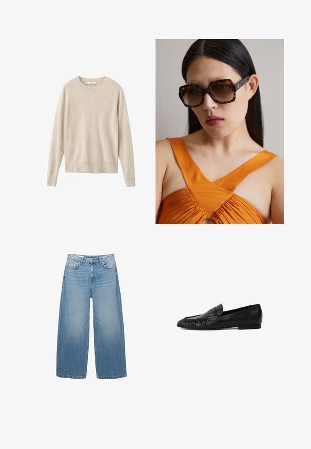 Schwarze Lederjacke mit hohem Kragen, Druckknopf-Front und zwei Klappentaschen an der Taille, flach auf weißem Hintergrund ausgelegt.; Beige Pullover aus weichem Material, mit rundem Ausschnitt und langen Ärmeln. Einfaches Design ohne Muster oder Verzierungen.; Hellblaue weite Jeans aus Denim, mit einem klassischen Fünf-Taschen-Design und einem Knopfverschluss. Im ganzen Stoff mit einem verwaschenen Look.; Schwarze Lederloafers mit runder Zehe, gestickten Details an der Vorderseite und flacher Sohle. Minimalistisches Design mit dezentem Logoakzent.; Braune Schildkrötensonnenbrille im Übergrößenformat mit einem breiten rechteckigen Rahmen und gefärbten Gläsern. Goldfarbenes Logo-Detail an der Seite.; Gewebte Handtasche in Olivgrün mit einer geräumigen, runden Form und einem einzelnen, verlängerten Tragegriff. Strukturiere Oberfläche.