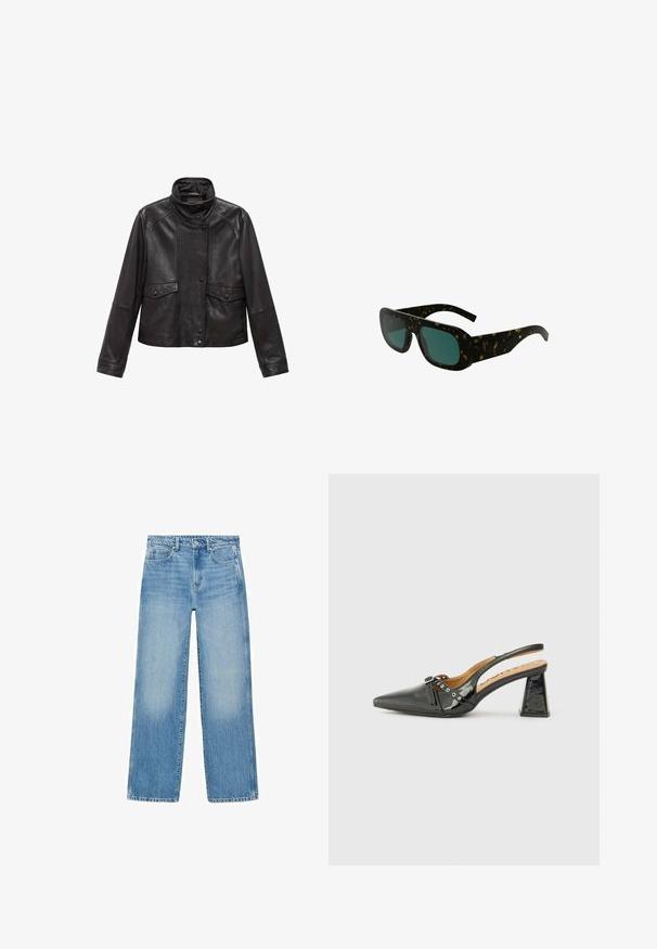 Black leather jacket with high collar, snap button front, and two flap pockets at the waist, laid flat on white background.; Black long-sleeve V-neck top made from soft cotton, featuring a slim fit and minimalistic design with no additional patterns or accents.; Light blue denim jeans with a straight cut, five-pocket design, and subtle fading. Features a button and zipper closure at the waist.; Black patent leather slingback shoe with a pointed toe, triangular heel, and decorative strap with silver accents. Smooth texture.; Tortoiseshell sunglasses with dark green lenses, wide rectangular frames, and curved temples, featuring a smooth plastic finish.