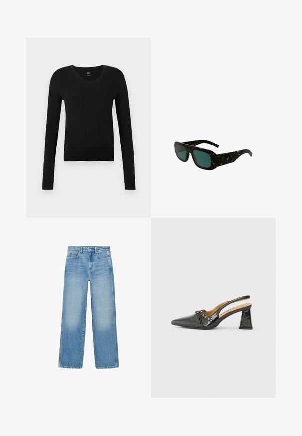 Crna kožna jakna s visokim ovratnikom, prednjim kopčanjem na dugmiće i dva preklopna džepa na struku, položena ravno na bijeloj pozadini.; Crna dugosleeve V-izrez bluzica napravljena od mekog pamuka, s uskim krojem i minimalističkim dizajnom bez dodatnih uzoraka ili akcenata.; Svijetloplave traperice ravnog kroja, s dizajnom od pet džepova i suptilnim izbljeđenjem. Imaju gumb i zatvarač na struku.; Crna lakirana slingback cipela s uskim nosom, trokutastom petom i dekorativnom trakicom sa srebrnim detaljima. Glatka tekstura.; Sunglasses od kornjačevine s tamnozelenim staklima, širokim pravokutnim okvirom i zakrivljenim drškama, s glatkom plastičnom završnom obradom.; Torba od tkanine u maslinastoj zelenoj boji, prostranog, zaobljenog oblika s jednim dugim drškom za nošenje. Teksturalna površina.