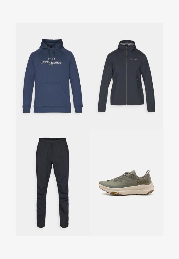 Veste légère gris foncé avec capuche, fermeture éclair à l'avant et deux poches latérales. Présente une coupe ajustée et un matériau respirant.; Hoodie bleu marine avec une poche kangourou à l'avant, un capuchon avec cordon de serrage, et le texte blanc "Peak Performance". Fabriqué en tissu doux avec des poignets côtelés.; Pantalons légers noirs avec une taille élastique, fermeture à cordon de serrage et jambes fuselées. Fabriqués en matériau résistant à l'eau avec une texture lisse.; Chaussure de course Hoka verte avec une tige en Gore-Tex, des accents texturés, des lacets élastiques et une épaisse semelle beige comportant le logo Vibram.