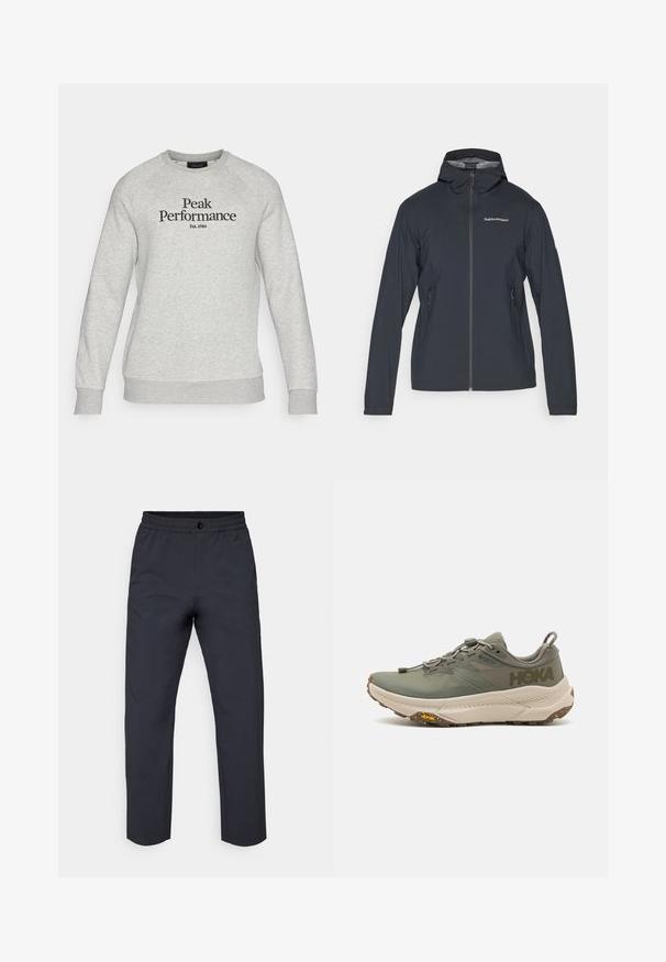 Chaqueta ligera de color gris oscuro con capucha, cremallera frontal y dos bolsillos laterales. Presenta un diseño ajustado y material transpirable.; Peak Performance ORIGINAL CREW-BLACK-OFFWHITE - Sudadera - grey melange/black; Pantalones oscuros de color gris, hechos de una tela suave. Presentan una cinturilla elástica, un cierre frontal con botón y piernas ligeramente ajustadas.; Zapatilla de running Hoka verde con parte superior de Gore-Tex, acentos texturizados, cordones elásticos y gruesa suela beige con el logo de Vibram.