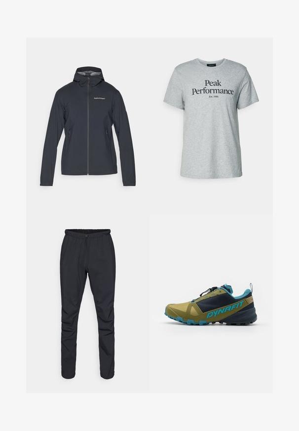 Veste légère gris foncé avec capuche, fermeture éclair à l'avant et deux poches latérales. Présente une coupe ajustée et un matériau respirant.; T-shirt en coton gris avec des manches courtes et un col rond, portant un texte noir indiquant "Peak Performance Est. 1986" sur le devant.; Pantalons légers noirs avec une taille élastique, fermeture à cordon de serrage et jambes fuselées. Fabriqués en matériau résistant à l'eau avec une texture lisse.; Chaussure de trail en vert olive et bleu marine, avec une tige texturée, des accents bleus, un système de laçage sécurisé et une semelle extérieure robuste pour une meilleure adhérence.