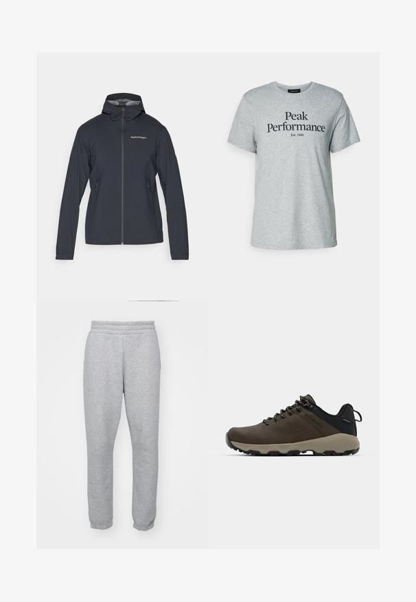 Tumši pelēks, viegls džemperis ar kapuci, priekšējo rāvējslēdzēju un divām sānu kabatām. Iezīmēts ar pieguļošu dizainu un elpojošu materiālu.; Pelēka kokvilnas T-kreklā ar īsām piedurknēm un apaļu kakla izgriezumu, uz kura priekšpuses ir melns uzraksts "Peak Performance Est. 1986".; Pelēki sporta bikses, kas izgatavotas no mīksta auduma, ar elastīgu jostu un pieguļošiem piedurkņu galiem, lai nodrošinātu plūstošu siluetu. Redzamās kabatas nav.; Brūni ūdensnecaurlaidīgi sporta apavi ar teksturētu virsu, perforētiem akcentiem, melnu papēža atbalstu un pelēku gumijas zoli. Šņores veidotas ar metāliskiem galiem.