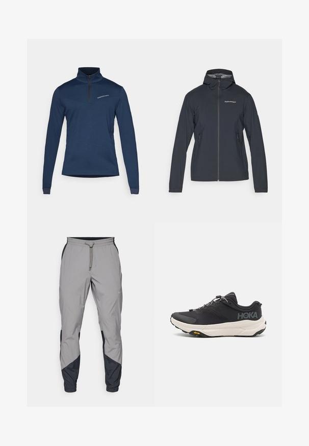 Dunkelgraue, leichte Jacke mit Kapuze, Frontreißverschluss und zwei seitlichen Taschen. Bietet eine taillierte Passform und atmungsaktives Material.; Marineblauer Langarmpullover mit Reißverschlusskragen, aus weichem Stoff gefertigt. Verfügt über ein diagonales Paneeldesign und ein dezentes Logo auf der Brust.; Leichte, graue Sporthosen mit schwarzen Akzenten. Elastischer Bund, Kordelzugverschluss, taillierte Beinform und Seitentaschen.; Schwarzer Sportschuh mit strukturiertem Obermaterial, grauen Akzenten, reflektierenden Details und einer dicken weißen Sohle mit Vibram-Logo.