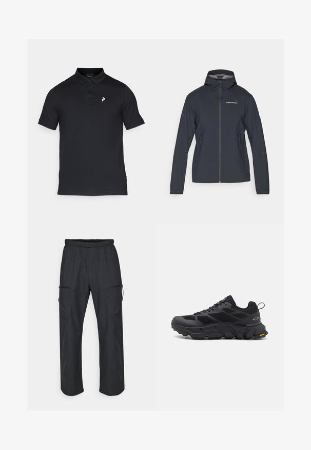 Sötétszürke, könnyű dzseki kapucnival, elülső cipzárral és két oldalsó zsebbel. Fitt fazonnal és lélegző anyaggal rendelkezik.; Fekete pamut póló, gallérral, három gombbal és egy kis fehér logóval a bal mellen. Rövidujjú, klasszikus szabású.; Fekete cargo nadrág, rugalmas derékkal, két cipzáras zsebbel és könnyű, sima szövet textúrával.; Fekete sportcipők masszív talppal, hálós és szintetikus felsőrésszel, texturált díszítésekkel és Vibram márkázással a külső talpon.