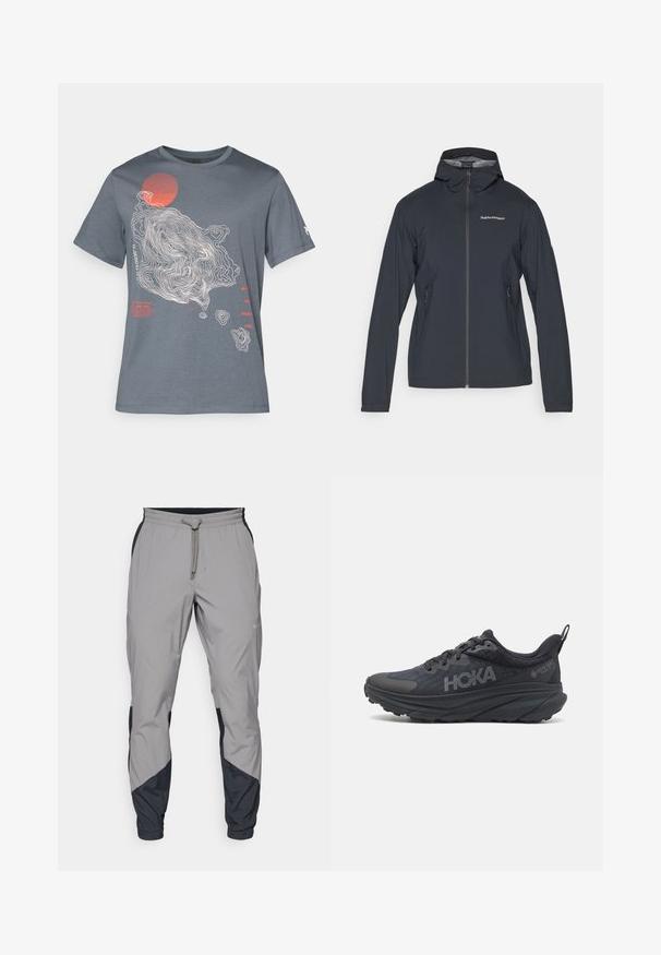 Dark gray, lightweight jacket with a hood, front zipper, and two side pockets. Features a fitted design and breathable material.; Gray cotton t-shirt featuring a topographic design in white and a red circle. Text included in red and white along the left side.; Lightweight, gray athletic pants with black accents. Elastic waistband, drawstring closure, tapered leg design, and side pockets.; Black Hoka running shoe featuring a mesh upper, textured details, and a thick, cushioned sole with tapered edges for enhanced support.