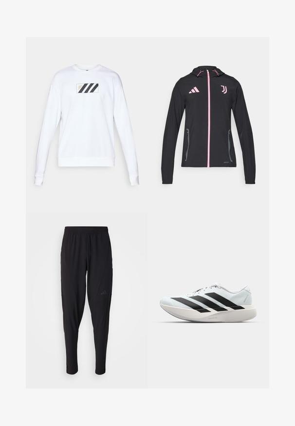 adidas Performance JUVENTUS TIRO25 COMPETITION VIS TECH TRAVEL JACKET - Klubové oblečenie - black/bliss pink; Biela mikina s rímskym nášivom, na ktorom sú tri čierne diagonálne pruhy a zlatý nápis. Mäkká látka, dlhé rukávy a rebrované manžety.; Čierne športové nohavice s elastickým pásom, zúženým strihom, bočnými vreckami a nenápadným logom. Vyrobené z flexibilnej, priedušnej tkaniny.; Ľahké bežecké topánky v svetlomodrej farbe s čiernymi pruhmi. Majú hladký zvršok, okrúle špičky a hrubú bielu medzipodrážku označenú "LIGHTSTRIKE PRO."