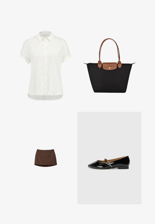 Beige Trenchcoat aus Stoff, mit doppelt geknöpftem Verschluss, Gürtel in der Taille und Schulterstücken.; Weißes kurzärmliges Blusenshirt aus leichtem Stoff, mit Knopfleiste, Kragen und umgeschlagenen Ärmeln sowie einem leicht abgerundeten Saum.; Brauner Rock aus glattem Stoff, mit geradem Schnitt und einem seitlichen Schlitz. Einfaches Design ohne Muster oder Hardware-Details.; Schwarze Lackleder-Ballerinas mit spitzem Zehenbereich, einem Knöchelriemen mit goldfarbener Schnalle und niedrigem Blockabsatz. Glatte, glanzvolle Oberfläche.; Schwarze Nylon-Tote-Tasche mit braunen Lederakzenten und -griffen. Verfügt über einen Druckverschluss und eine Fronttasche mit einem Logo-Detail.