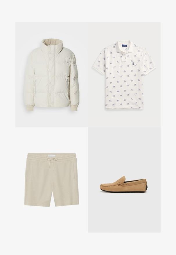 Šviesiai smėlio spalvos pūkinė striukė su aukšta apykakle, priekyje snapelių užtrauktukai, šoniniai užtrauktukų kišenės ir būti skirtingose medžiagose išsiuvinėtos rankovės. Minkšta vidinė pamušalas matyti apykaklėje.; Balta polo marškiniai, pagaminti iš medvilnės, su pasikartojančiu mėlynu šunų raštu ir mažuoju mėlynu logotipu ant krūtinės. Trumpomis rankovėmis ir apykakle.; Kakvio spalvos šortai, pagaminti iš minkštos medžiagos, su raišteliu juosmens srityje, dviem šoninėmis kišenėmis ir laisvu siluetu.; Smėlinės zomšinės mokasinės su siūtu pirštu, lengvu uždėjimu ir juodu guminiu padu. Pusėje yra subtili ženklų identifikacija.