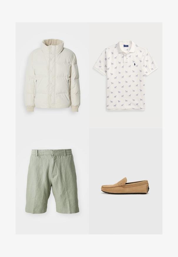 Šviesiai smėlio spalvos pūkinė striukė su aukšta apykakle, priekyje snapelių užtrauktukai, šoniniai užtrauktukų kišenės ir būti skirtingose medžiagose išsiuvinėtos rankovės. Minkšta vidinė pamušalas matyti apykaklėje.; Balta polo marškiniai, pagaminti iš medvilnės, su pasikartojančiu mėlynu šunų raštu ir mažuoju mėlynu logotipu ant krūtinės. Trumpomis rankovėmis ir apykakle.; Šviesiai žali lino šortai su laisvu kirpimu, elastingu juosmens diržu ir dviem priekinėmis kišenėmis. Lygi tekstūra su kasdiene dizaino estetiką.; Smėlinės zomšinės mokasinės su siūtu pirštu, lengvu uždėjimu ir juodu guminiu padu. Pusėje yra subtili ženklų identifikacija.