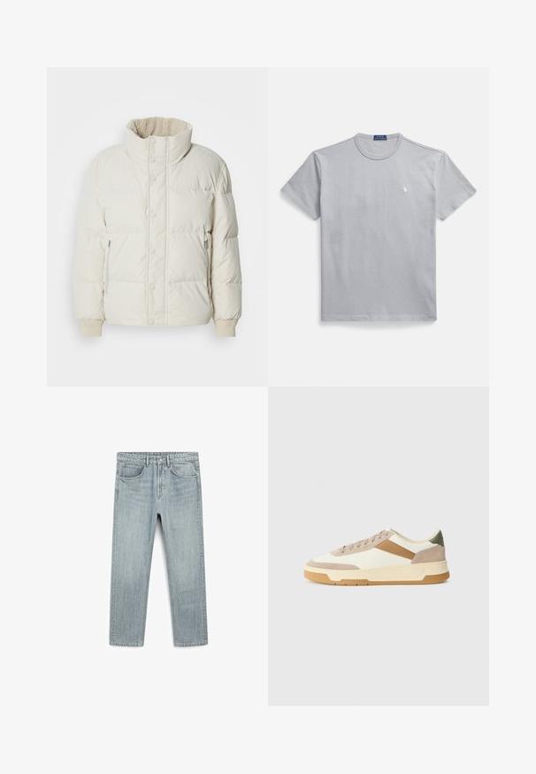 Lichtbeige pufferjack met een hoge kraag, drukknoopsluitingen aan de voorkant, zijzakken met rits en ribgebreide manchetten. Zachte binnenvoering zichtbaar bij de kraag.; Grijs katoenen T-shirt met een ronde hals, korte mouwen en een klein wit logo op de linkerborst. Gladde textuur en een ontspannen pasvorm.; Lichtblauwe denim jeans met een rechte pasvorm, vijf zakken en een zichtbare knoop- en ritssluiting. Zachte textuur met een lichte vervaging.; Sneakers in beige, crème en olijfgroen, met suede en leer, een ronde neus, een minimalistisch ontwerp en een rubberen zool.