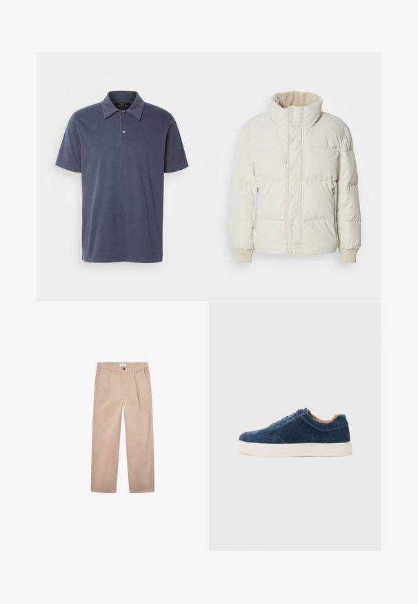 Doudoune beige clair avec un col haut, des fermetures à pression à l'avant, des poches latérales zippées et des poignets côtelés. Doublure intérieure douce visible au niveau du col.; Polo shirt bleu marine à manches courtes en tissu doux, avec un col classique, une patte de boutonnage à deux boutons et des fentes latérales discrètes.; Pantalons kaki en coton avec une coupe droite, dotés de deux poches avant, d'une fermeture à bouton et d'une coupe classique.; Baskets en daim bleu avec semelle en caoutchouc blanc, design à lacets, bout rond et intérieur contrastant en tan. Détails de couture subtils.