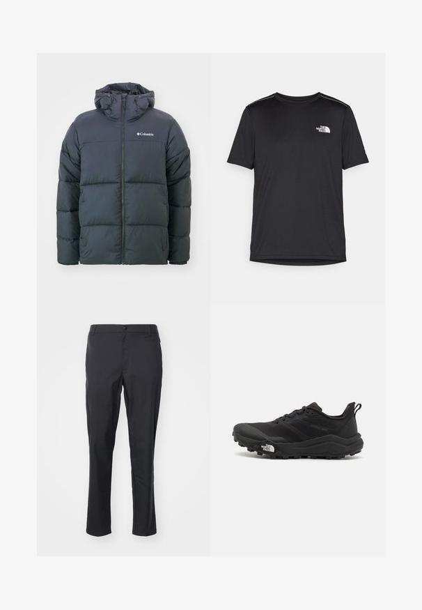 Czarna kurtka puchowa z kapturem, z zapięciem na zamek, pikowanym wzorem i elastycznymi mankietami. Logo na lewej piersi. Miękki, ocieplany materiał.; Czarny t-shirt z krótkim rękawem, wykonany z lekkiego materiału. Posiada małe białe logo na lewej piersi oraz subtelne akcenty na ramionach.; Czarne spodnie wykonane z lekkiego materiału, charakteryzujące się gładką fakturą, prostym krojem oraz zapięciem na guziki w talii.; Czarne buty do biegania w terenie z teksturowaną cholewką, gumową podeszwą i wzmocnionym noskiem. Posiadają wyściełany kołnierz oraz uchwyt do łatwego zakładania.