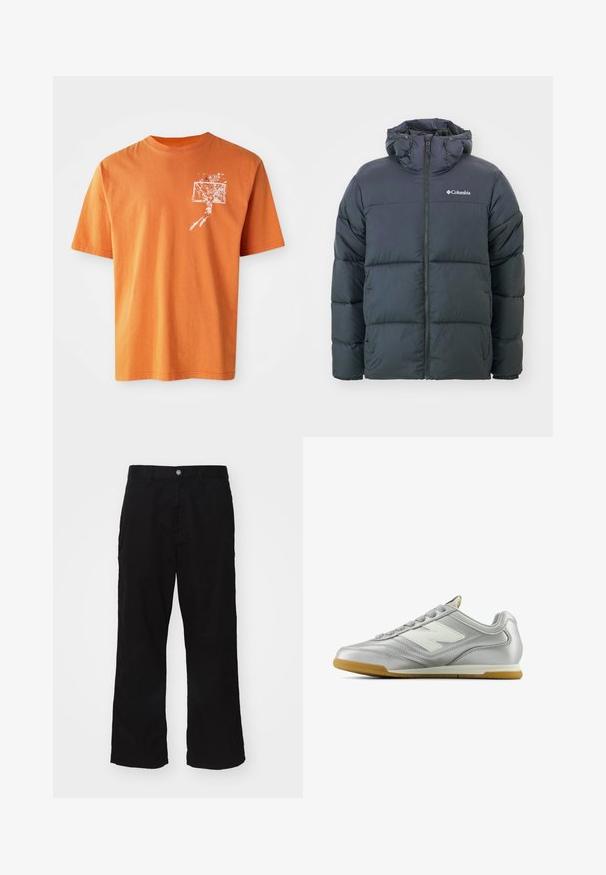 Černá prošívaná bunda s kapucí, se zapínáním na zip, prošívaným designem a elastickými manžetami. Logo na levé hrudi. Měkká, zateplená tkanina.; Oranžové bavlněné tričko s krátkým rukávem, na levé straně hrudi s bílou grafikou basketbalisty a koše.; Černé kalhoty s širokými nohavicemi vyrobené z bavlněné směsi, s knoflíkovým zapínáním a rovnými nohavicemi s minimálně viditelným švem.; Stříbrná sportovní obuv s hladkým, lesklým povrchem, bílým logem na boku, texturovanými šedými tkaničkami a podešví z gumové pryže.