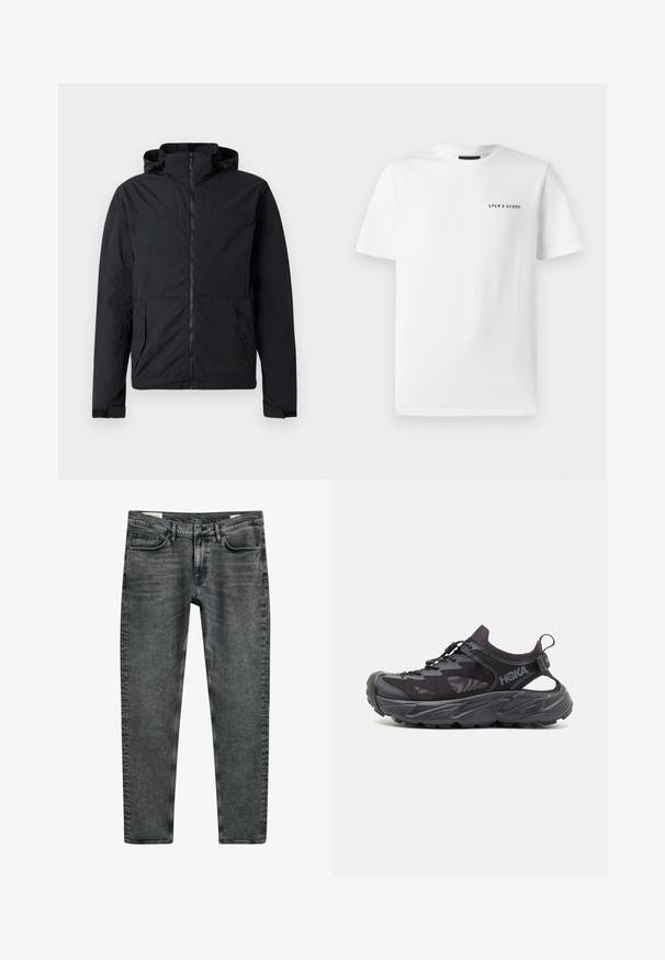 Musta takki, jossa on vetoketjullinen etuosa, huppu ja joustavat hihansuut. Siinä on kaksi sivutaskua ja teksturoitu, kevyt kangas.; Valkoinen puuvillapaita, jossa on pyöreä kaula-aukko, lyhyet hihat ja musta "LYLE & SCOTT" -teksti painettuna vasemmassa ylärinnassa.; GANT Straight leg -farkut - black; Mustat urheilukengät, joissa on kevyt verkkomateriaali, paksu kumipohja ja joustava nauhakiinnitys. Sivuleikkaukset tarjoavat hengittävyyttä ja tukea.