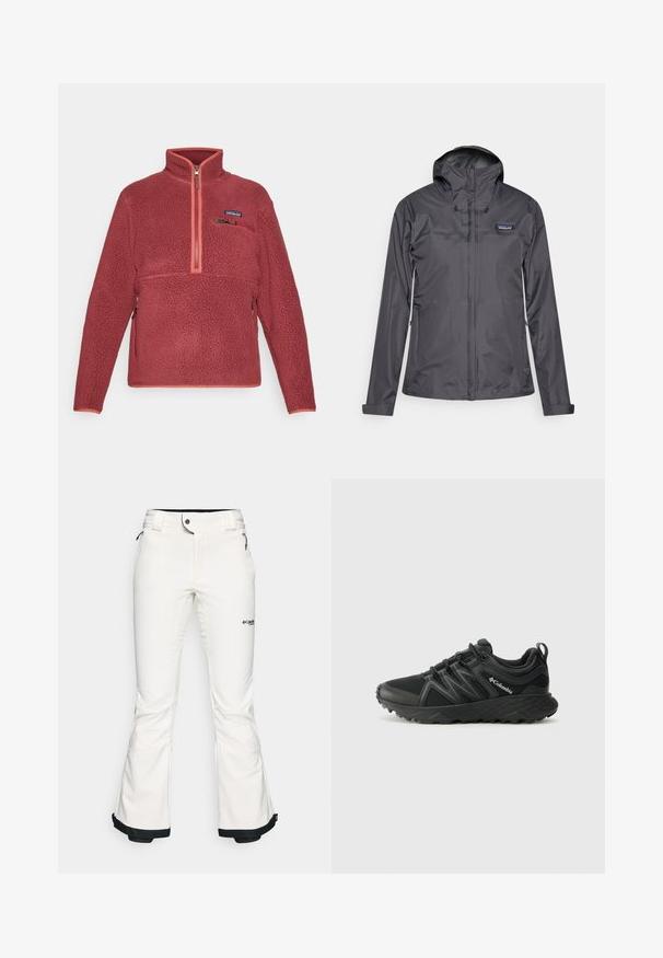 Tmavě šedá nepromokavá bunda s kapucí, předním zipem, zipovými postranními kapsami a logem Patagonia na levé hrudi.; Červený fleecový svetr s čtvrtinovým zipem, zipovou kapsou na hrudi a logem Patagonia na levé části hrudi.; Bílé lyžařské kalhoty vyrobené z měkkého, pružného materiálu. Mají dobře padnoucí pas, široké rozšířené nohavice a černé lemy na manžetách. Viditelné logo značky.; Columbia PEAKFREAK - Trekingové boty - black