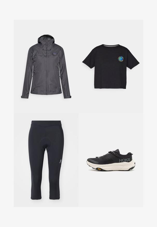 Tamno siva vodoodbojna jakna s kapuljačom, prednjim patentnim zatvaračem, patentnim džepovima na stranama i Patagonia logotipom na lijevoj strani prsiju.; Crna pamučna majica s kratkim rukavima s okruglim višebojnim logotipom na prsima. Ravni rub i opušteni kroj.; Crne biciklističke hlače do tri četvrtine izrađene od glatkog, rastezljivog materijala. Imaju podstavljeni umetak i mali logotip na donjem dijelu noge.; Crne atletske cipele s prozračnom mrežicom na gornjem dijelu, gumenim potplatom, bijelim amortizirajućim srednjim dijelom i reflektirajućim vezicama. Vibram logo na potplatu.