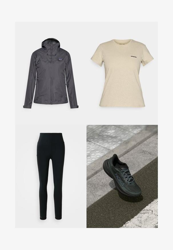 Veste à capuche imperméable gris foncé avec fermeture éclair sur le devant, poches latérales zippées, et logo Patagonia sur la poitrine gauche.; T-shirt beige à manches courtes de Patagonia avec un petit logo noir sur la poitrine gauche, présenté sur un fond uni.; Leggings de sport noirs taille haute avec poche latérale et jambes longues sur fond blanc.; Chaussure de course noire avec tige en mesh, accents texturés et logo, dotée d'une semelle rembourrée et de lacets gris, posée sur le pavé.