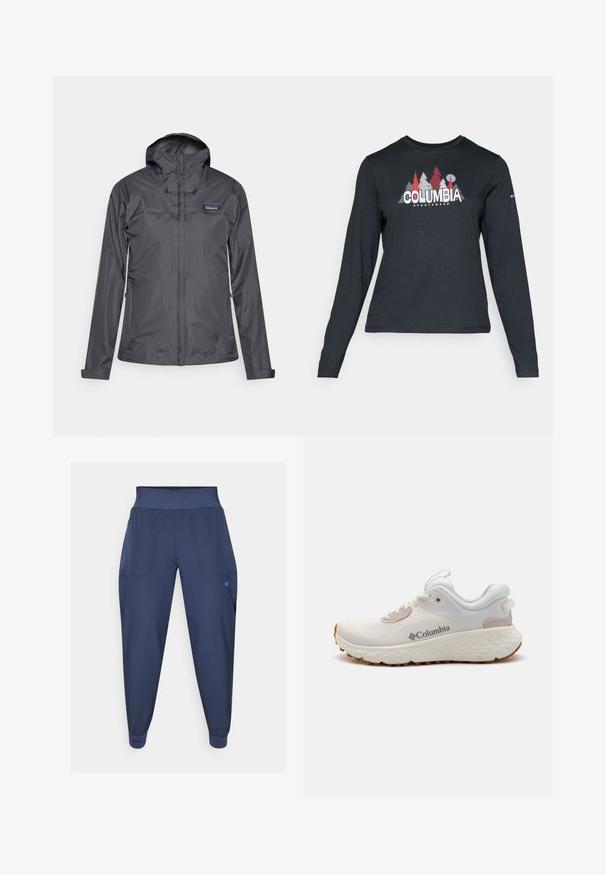 Casaco com capuz à prova d'água de cor cinza escuro, com fecho na frente, bolsos laterais com fecho e o logotipo da Patagonia no lado esquerdo do peito.; Camisa de mangas longas cinza escuro com um gráfico de árvores vermelhas e montanhas; logótipo "COLUMBIA" em texto branco em negrito. Tecido suave, cuello redondo padrão.; Calças de desporto azul-marinho com uma cintura elástica larga, dois bolsos laterais e punhos elásticos nos tornozelos para um ajuste relaxado.; Sapatilha atlética leve da Columbia em malha branca com uma sola cinza texturizada e tração em borracha. Apresenta um colarinho acolchoado e um design com atacadores.